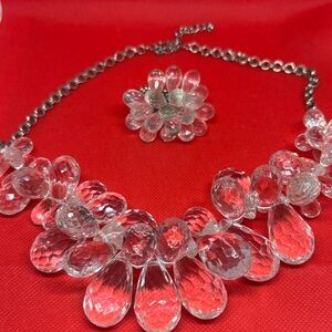 Elegant Silver and Clear Crystal Necklace  and ring Set